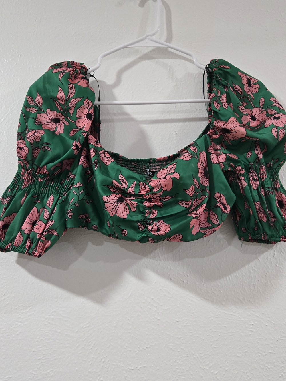 Green Floral Puff-Sleeve Crop Top - Pink Flower Print